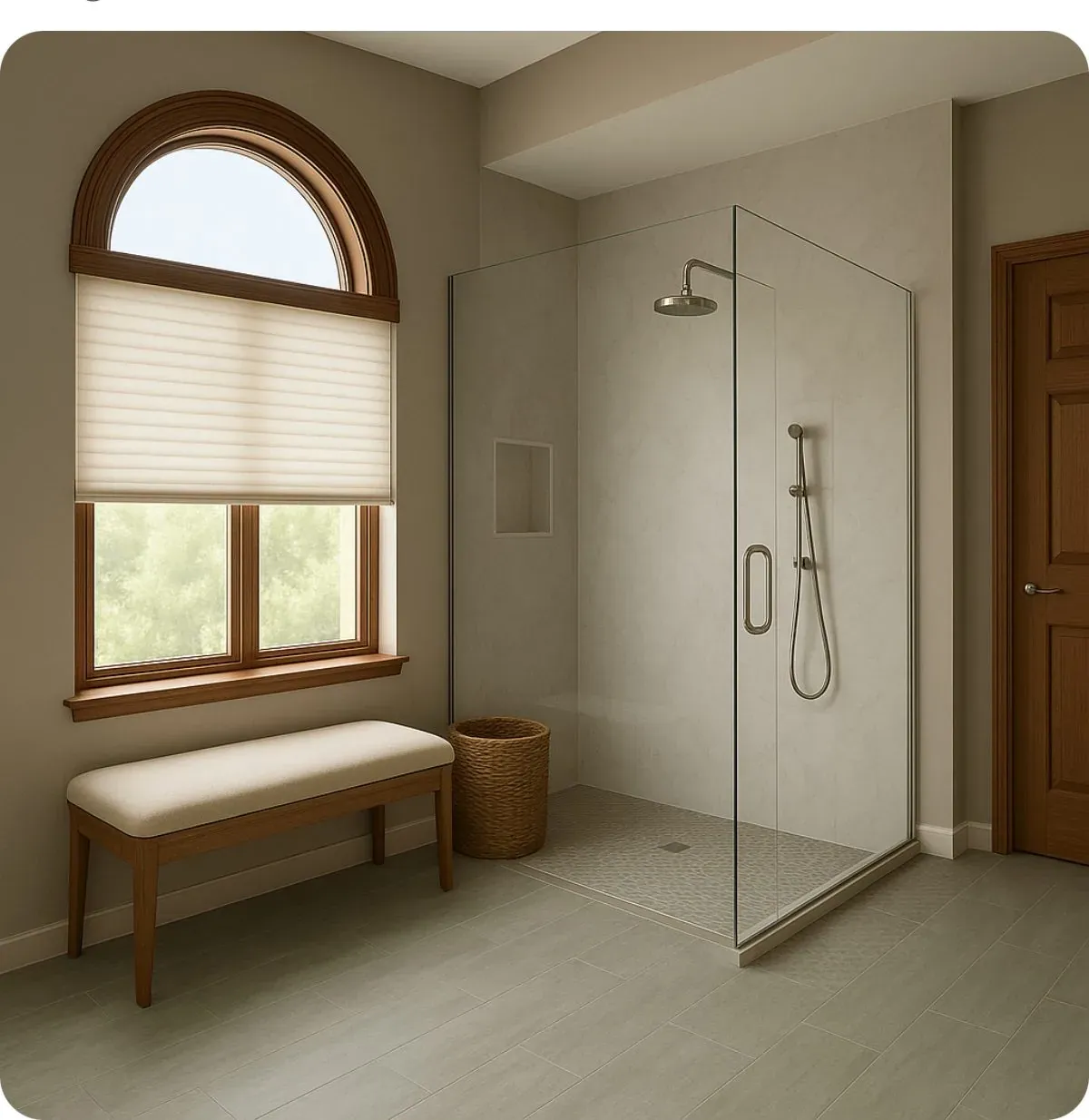 The same corner after the conversion, with the tub deck removed for a large frameless walk-in shower, a low-threshold entry, an upholstered bench and light plank-look tile flooring